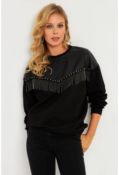 Kadın Siyah Suni Deri Bloklu Sweatshirt PKA808