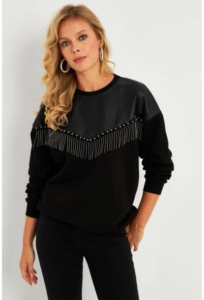 Kadın Siyah Suni Deri Bloklu Sweatshirt PKA808
