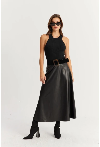 Kadın Siyah Suni Deri Çan Etek ELA113