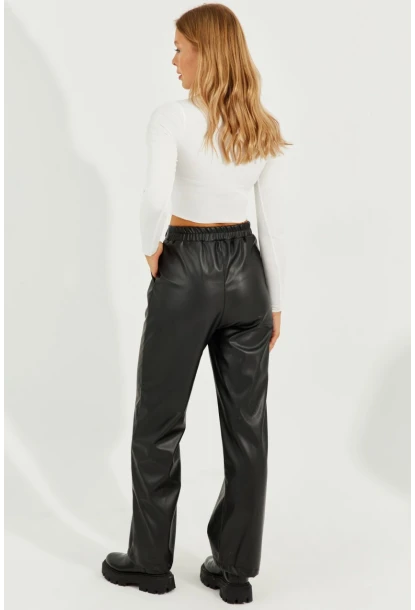 Kadın Siyah Suni Deri Cepli Pantolon RMZ21098