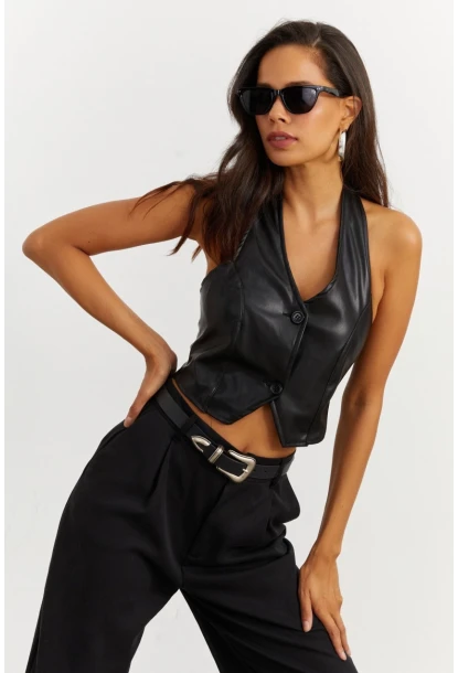 Kadın Siyah Suni Deri Crop Yelek NH41