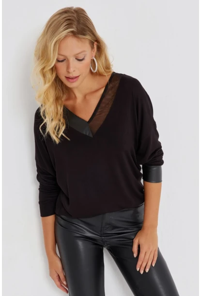 Kadın Siyah Suni Deri Detaylı Salaş Bluz ST827