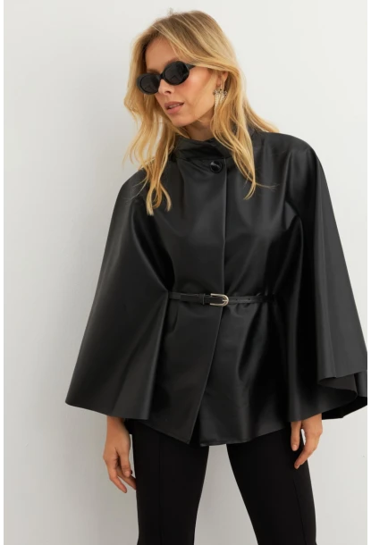 Kadın Siyah Suni Deri Kemerli Panço ELA3084-90