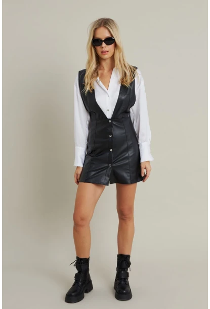 Kadın Siyah Suni Deri Mini Elbise NH796