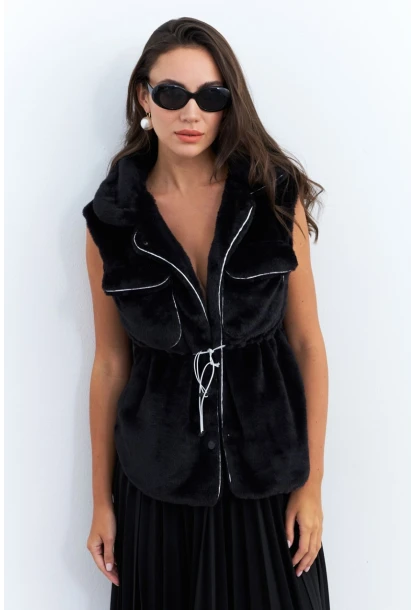 Kadın Siyah Suni Kürk Cepli Yelek MK66