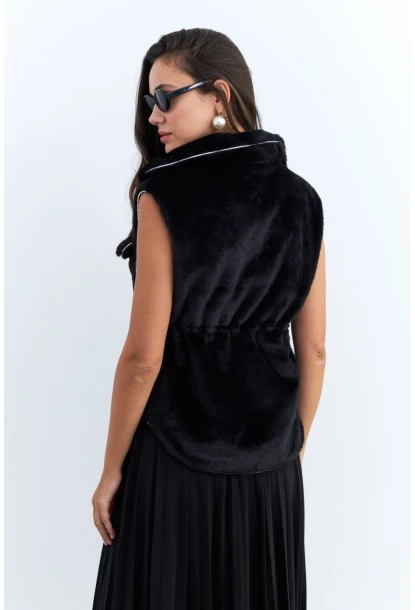 Kadın Siyah Suni Kürk Cepli Yelek MK66