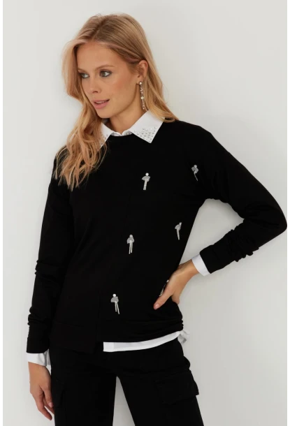 Kadın Siyah Taşlı Bluz ST6024