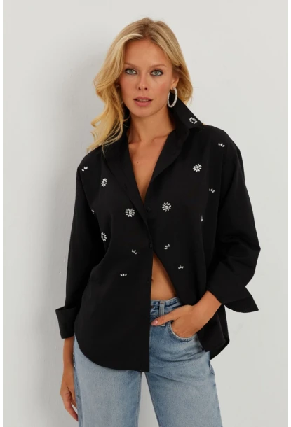 Kadın Siyah Taşlı Gömlek SF2550