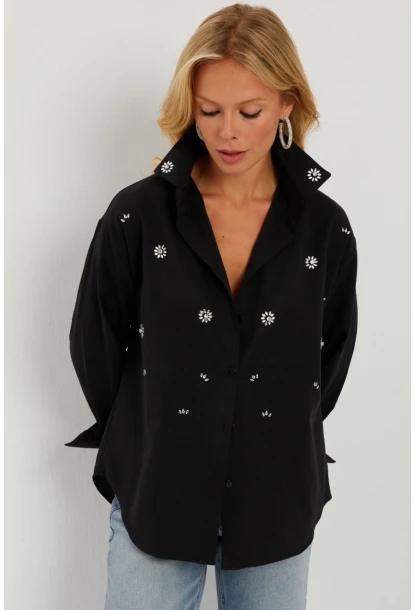 Kadın Siyah Taşlı Gömlek SF2550