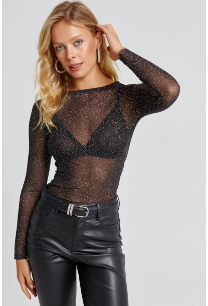 Kadın Siyah Taşlı Tül Bluz LPP1249