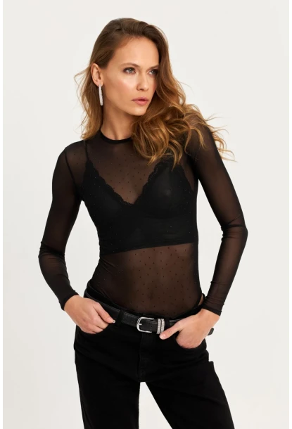 Kadın Siyah Taşlı Tül Body KED2116