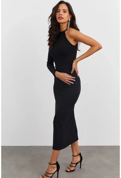 Kadın Siyah Tek Kol Kaşkorse Elbise EY1521