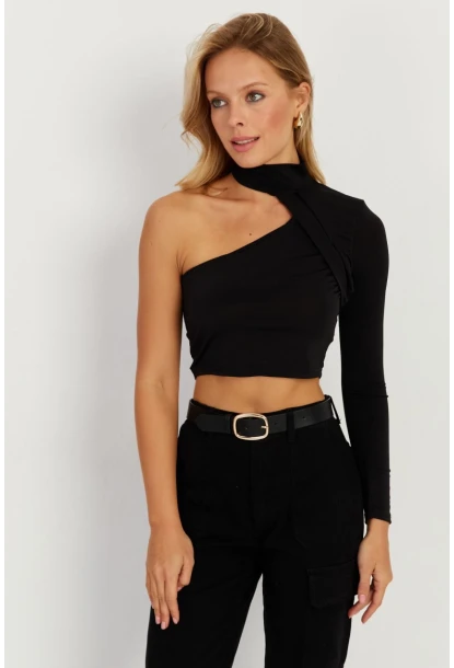 Kadın Siyah Tek Omuz Açık Bluz CY334