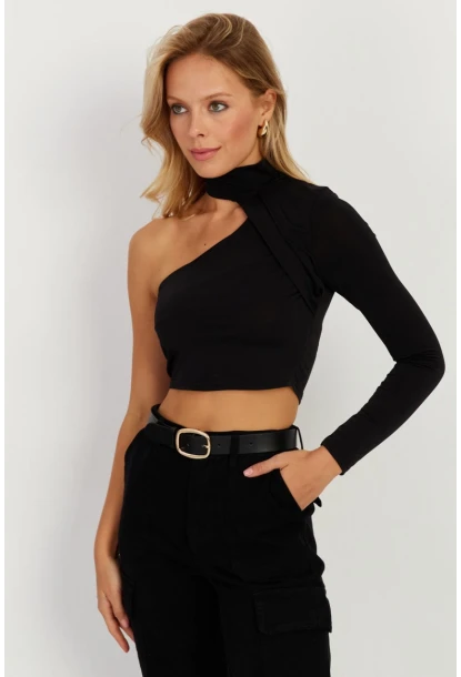Kadın Siyah Tek Omuz Açık Bluz CY334
