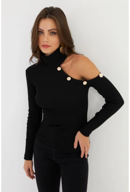 Kadın Siyah Tek Omuz Açık Kaşkorse Balıkçı Bluz EY2947