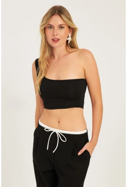 Kadın Siyah Tek Omuz Crop Bluz CG338