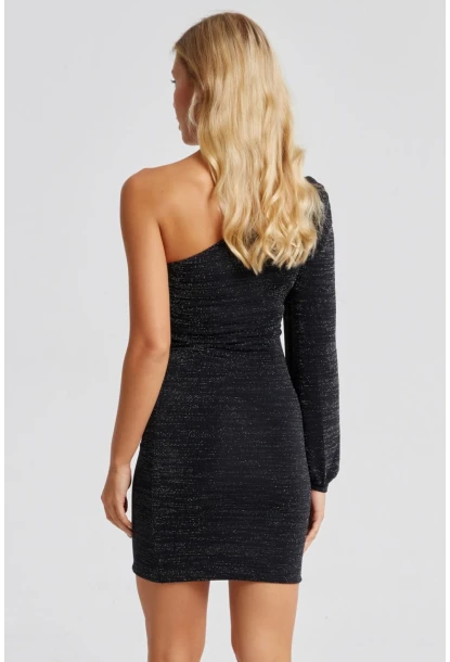Kadın Siyah Tek Omuz Simli Mini Elbise MON116