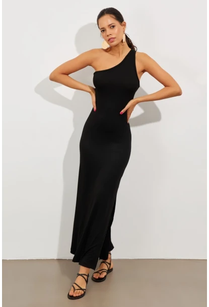 Kadın Siyah Tek Omuz Yırtmaçlı Maxi Elbise EY2498
