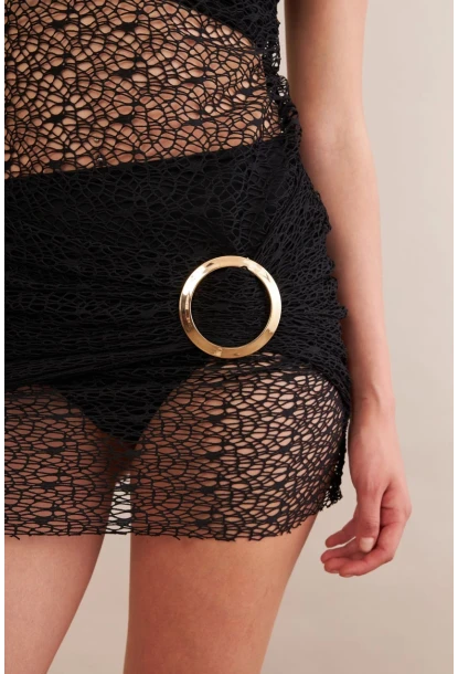 Kadın Siyah Tokalı Mini Dantel Plaj Elbisesi DCF052