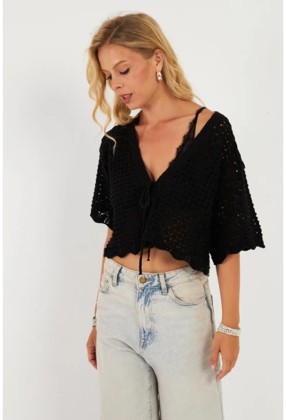 Kadın Siyah Triko Ajurlu Hırka YV255