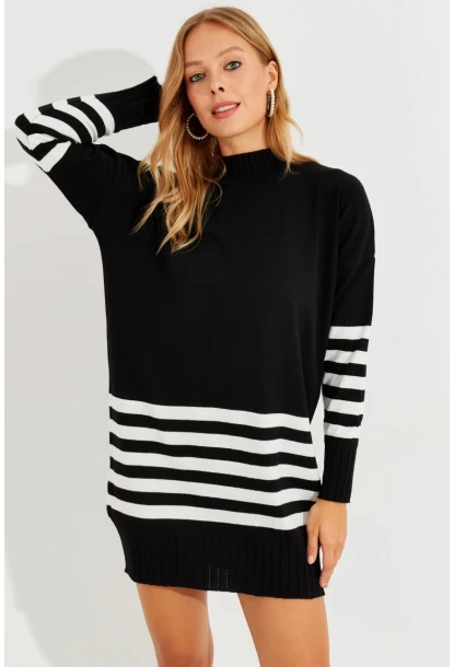 Kadın Siyah Triko Çizgili Tunik YV202