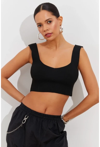 Kadın Siyah Triko Crop Atlet YV118