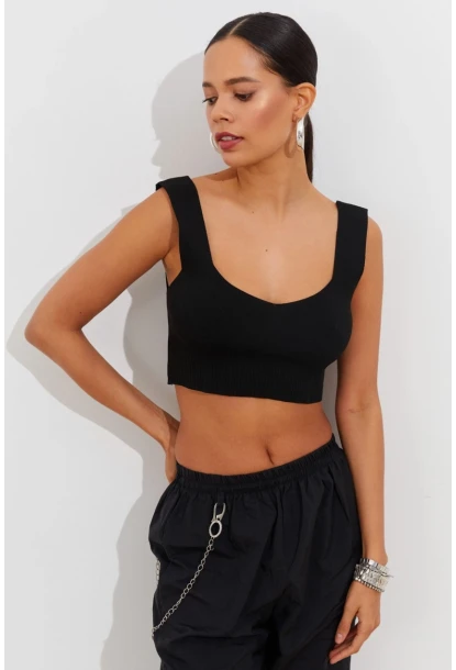 Kadın Siyah Triko Crop Atlet YV118