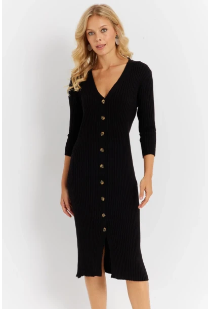 Kadın Siyah Triko Midi Gömlek Elbise YV274