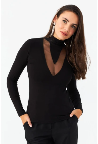 Kadın Siyah Tül Detaylı Bluz EY2977