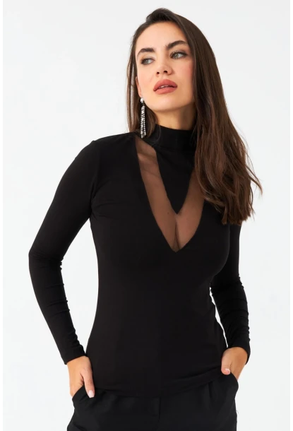Kadın Siyah Tül Detaylı Bluz EY2977