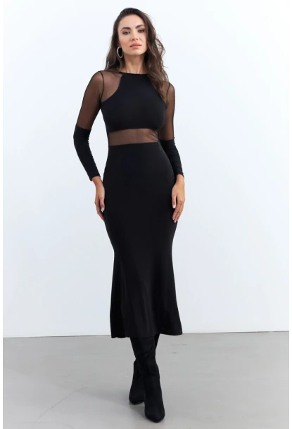 Kadın Siyah Tül Detaylı Midi Elbise ELT3834