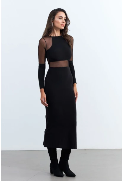 Kadın Siyah Tül Detaylı Midi Elbise ELT3834