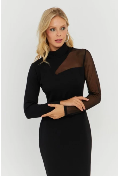 Kadın Siyah Tül Detaylı Midi Elbise ST5022