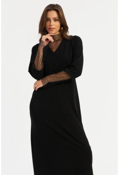 Kadın Siyah Tül Detaylı V Yaka Midi Elbise MBK55