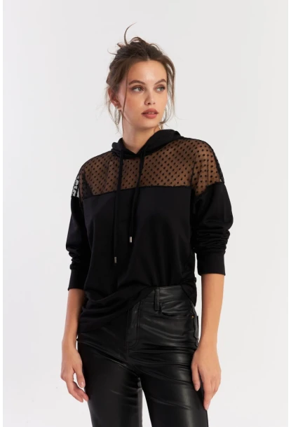 Kadın Siyah Üstü Tül Kapüşonlu Sweatshirt EY2934