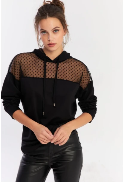 Kadın Siyah Üstü Tül Kapüşonlu Sweatshirt EY2934