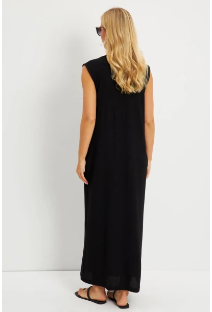 Kadın Siyah V Yaka Bloklu Maxi Elbise EY2779