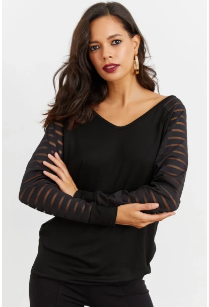 Kadın Siyah V Yaka Bluz ST3074