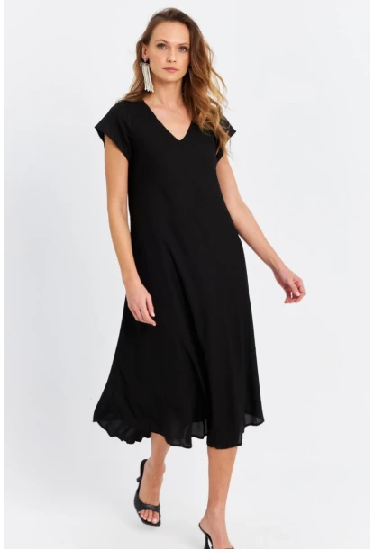 Kadın Siyah V Yaka Midi Elbise PC22649