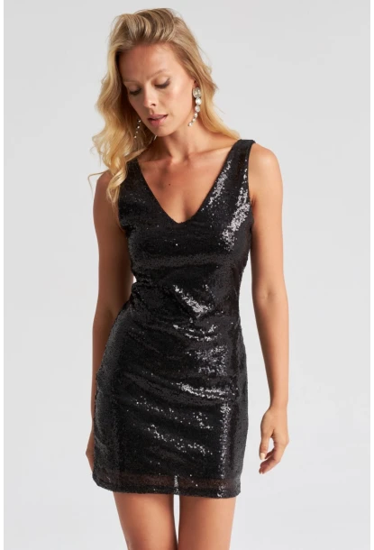 Kadın Siyah V Yaka Payetli Mini Elbise EY2666
