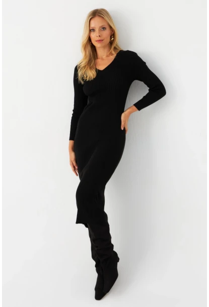 Kadın Siyah V Yaka Triko Midi Elbise YİL560