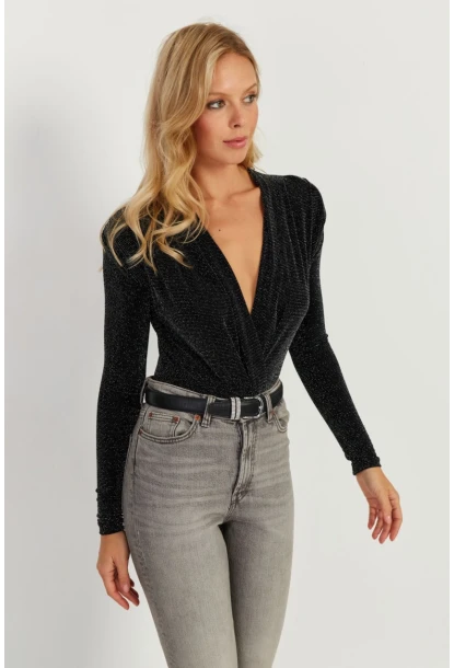 Kadın Siyah Vatkalı Kruvaze Çıtçıtlı Bodysuit GÇ151