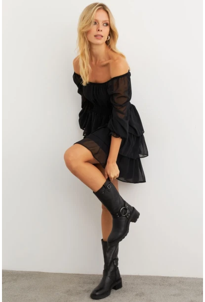 Kadın Siyah Volanlı Şifon Mini Elbise KSD2831