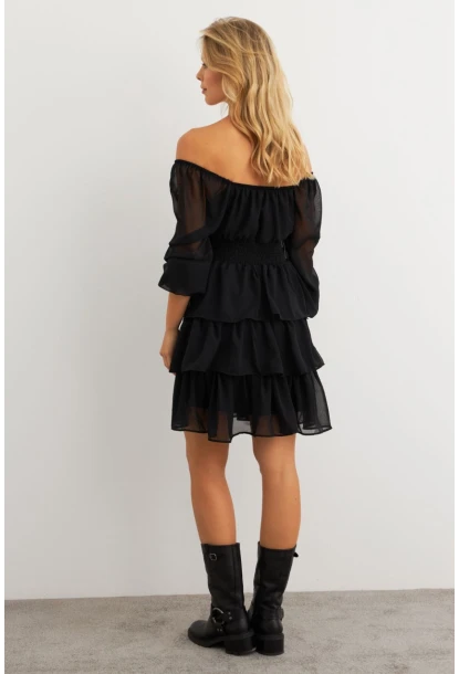 Kadın Siyah Volanlı Şifon Mini Elbise KSD2831