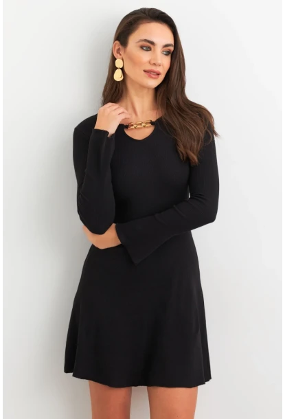 Kadın Siyah Yakası Aksesuarlı Mini Elbise FRY2267