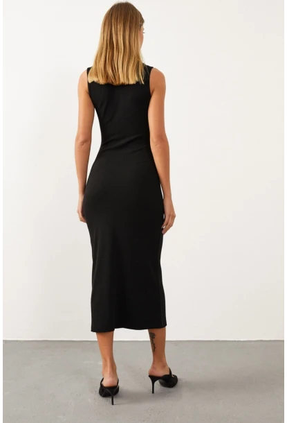 Kadın Siyah Yakası Fermuarlı Kolsuz Kaşkorse Elbise Yİ1959