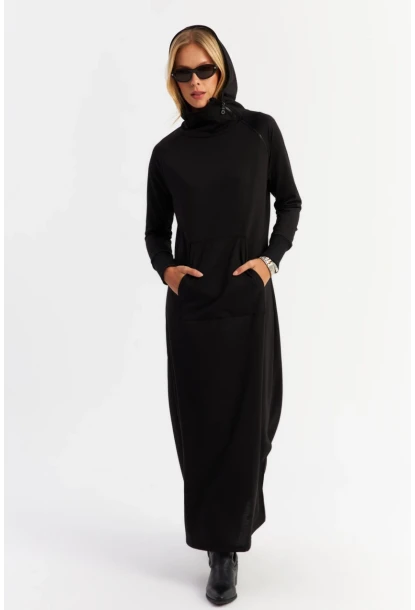 Kadın Siyah Yakası Fermuarlı Maxi Sweat Elbise MTF12