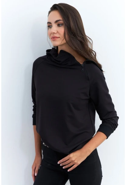 Kadın Siyah Yakası Fermuarlı Sweatshirt TF11