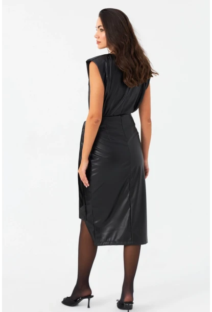 Kadın Siyah Yandan Bağlamalı Kruvaze Suni Deri Etek NH94