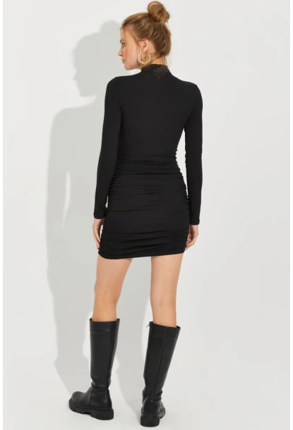 Kadın Siyah Yanları Büzgülü Mini Elbise B2825